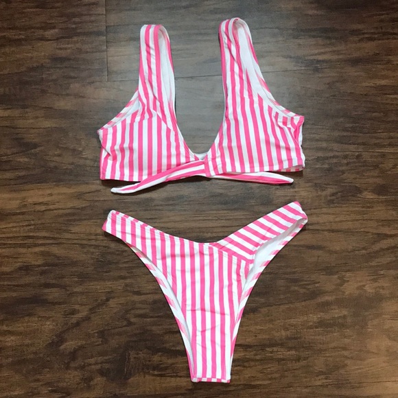 Other - Striped White and Pink Tie Front Cheeky Bikini